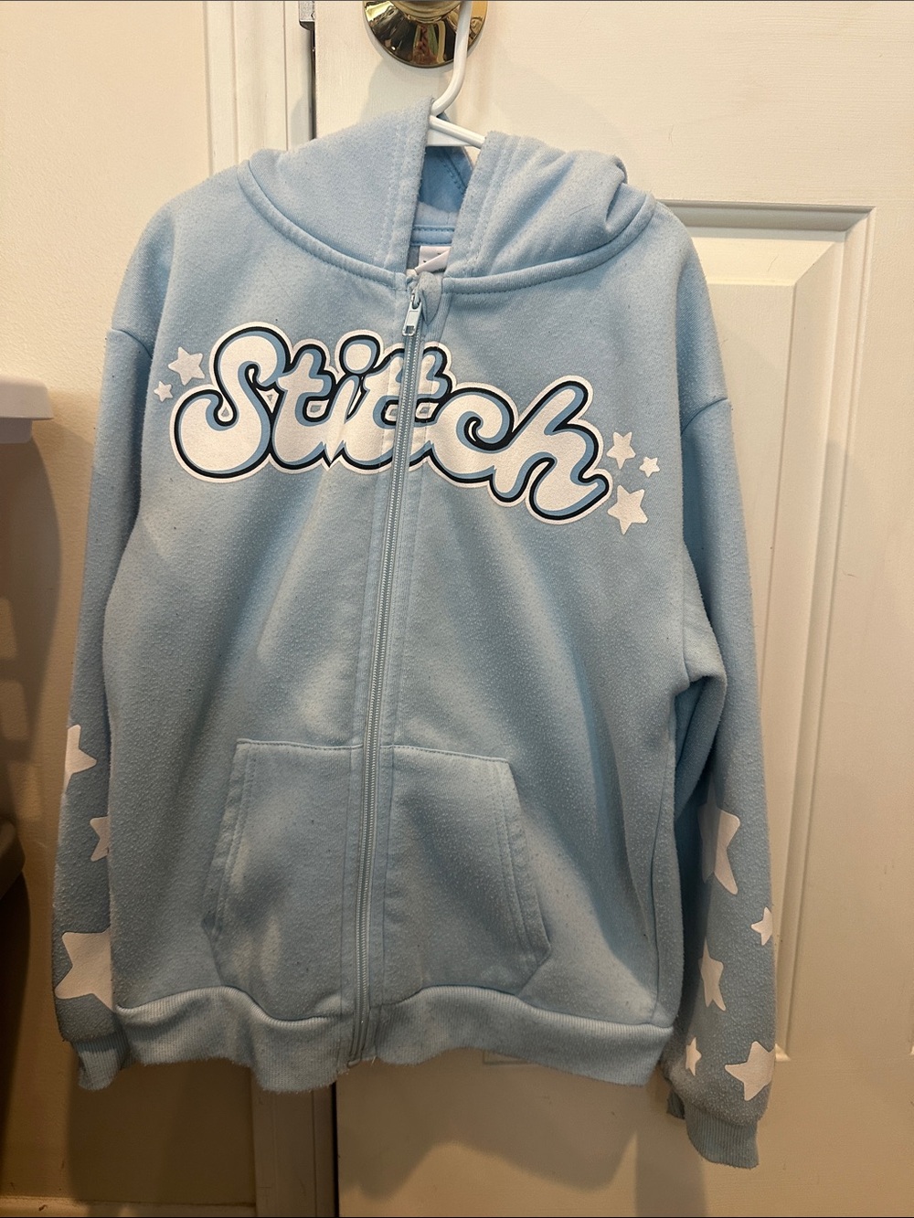 Disney Light Blue Stitch Zip-Up Hoodie with White Stars